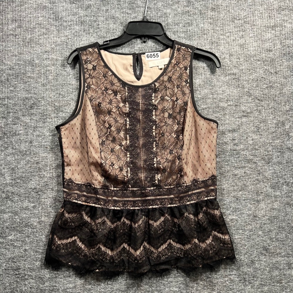 LOFT Ann Taylor Black Lace Peplum Top Sleeveless Blouse Tan Lining Size M